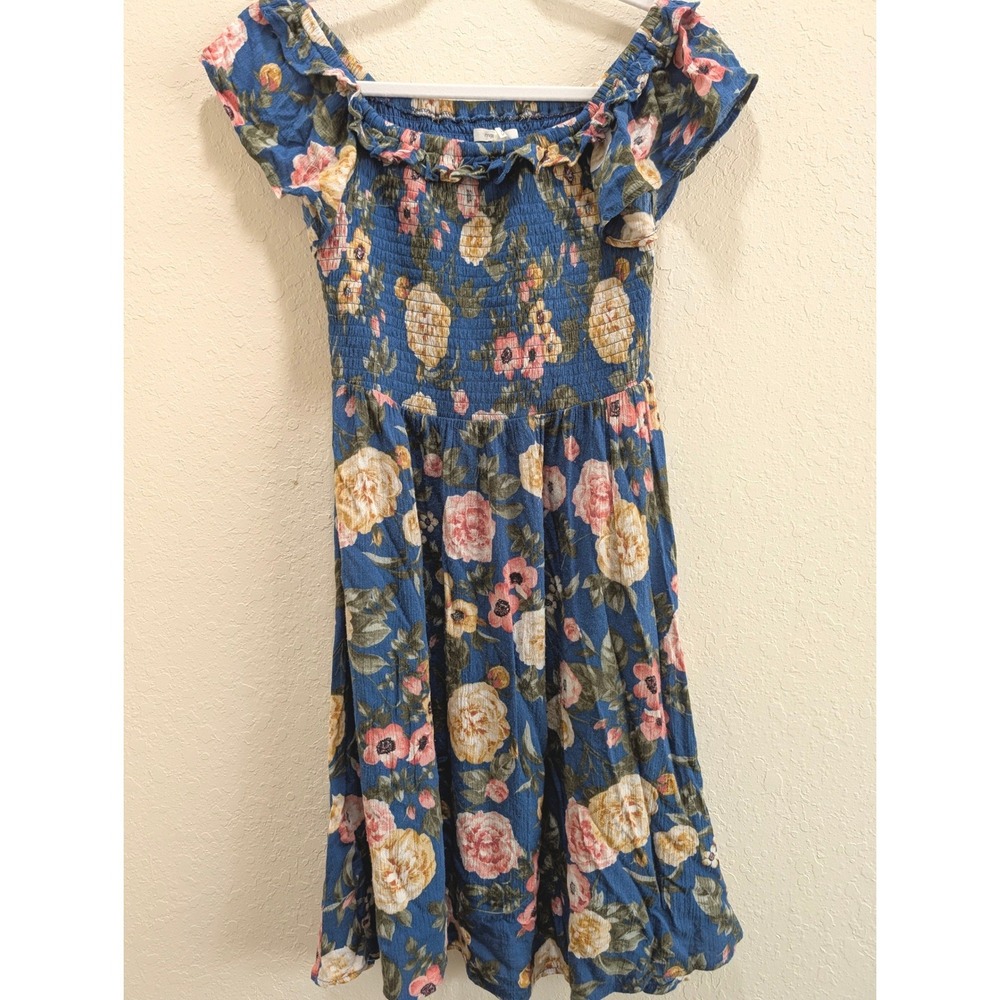 Maurices Blue Floral Smocked Mini Dress Cottagecore Off Shoulder Pockets XS